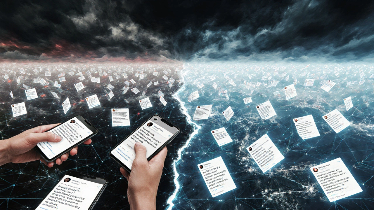 A fractured digital landscape shows human shares on one side and AI messages spreading like a virus across global networks.