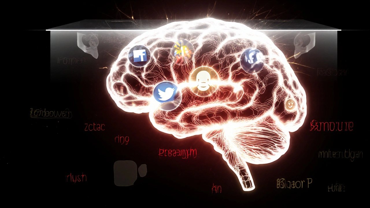 A transparent human brain with glowing emotional pathways is subtly rewritten by a hovering AI interface, surrounded by multilingual whispers.