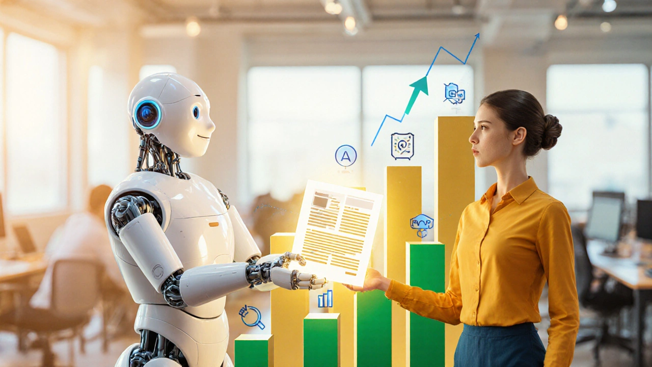AI robot giving a polished article to a marketer with rising bar chart of content growth.
