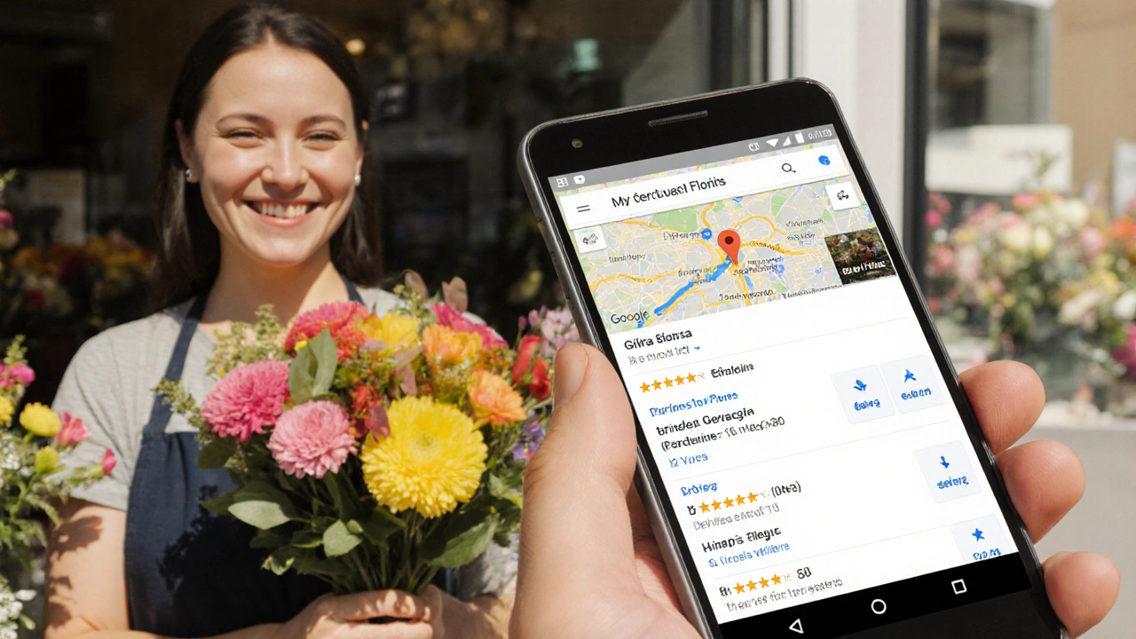 Florist smiling as a smartphone displays their business on Google Maps with reviews.