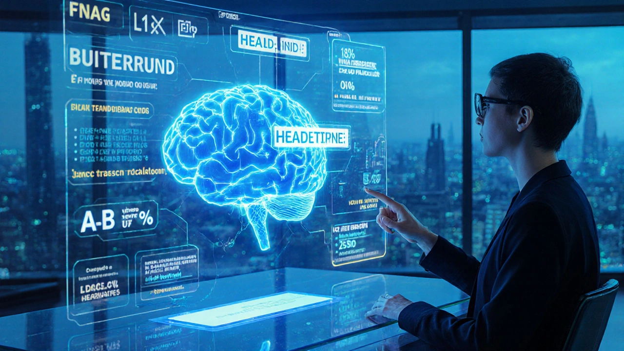 Futuristic holographic interface showing AI‑generated headline options and A/B testing data.