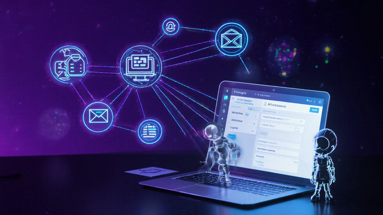 Futuristic neon diagram linking ChatGPT, automation tools, and affiliate dashboards.