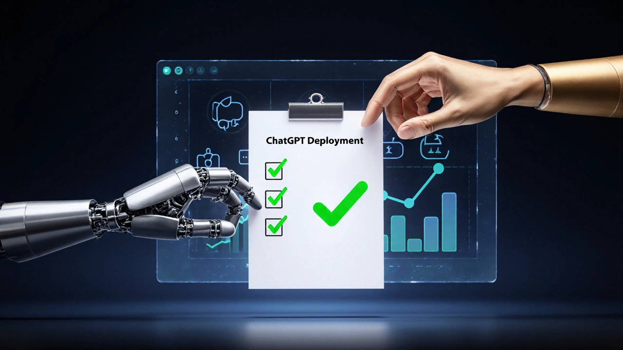 Human and robotic hands placing a checkmark on a floating checklist beside a rising analytics dashboard.