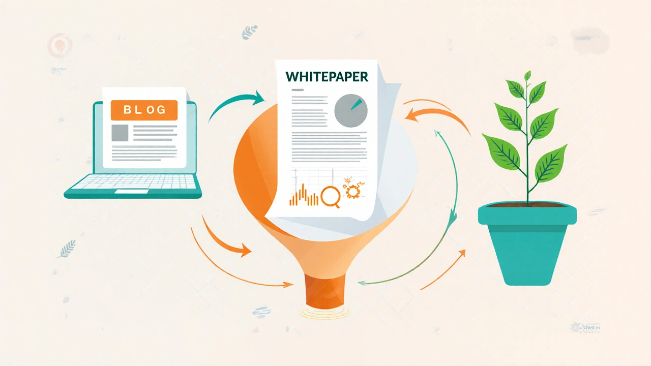 Illustrated funnel showing blog, whitepaper, and case study turning into leads.