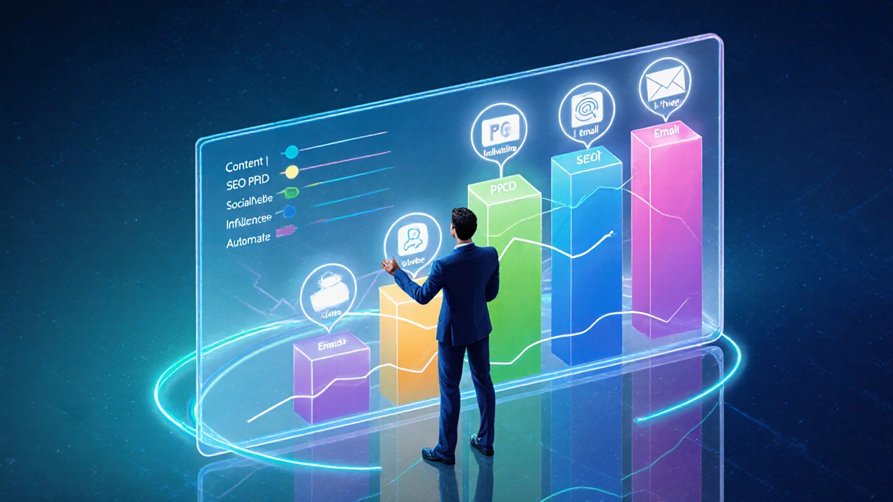 Isometric scene of marketer reviewing holographic ROI charts for marketing channels.