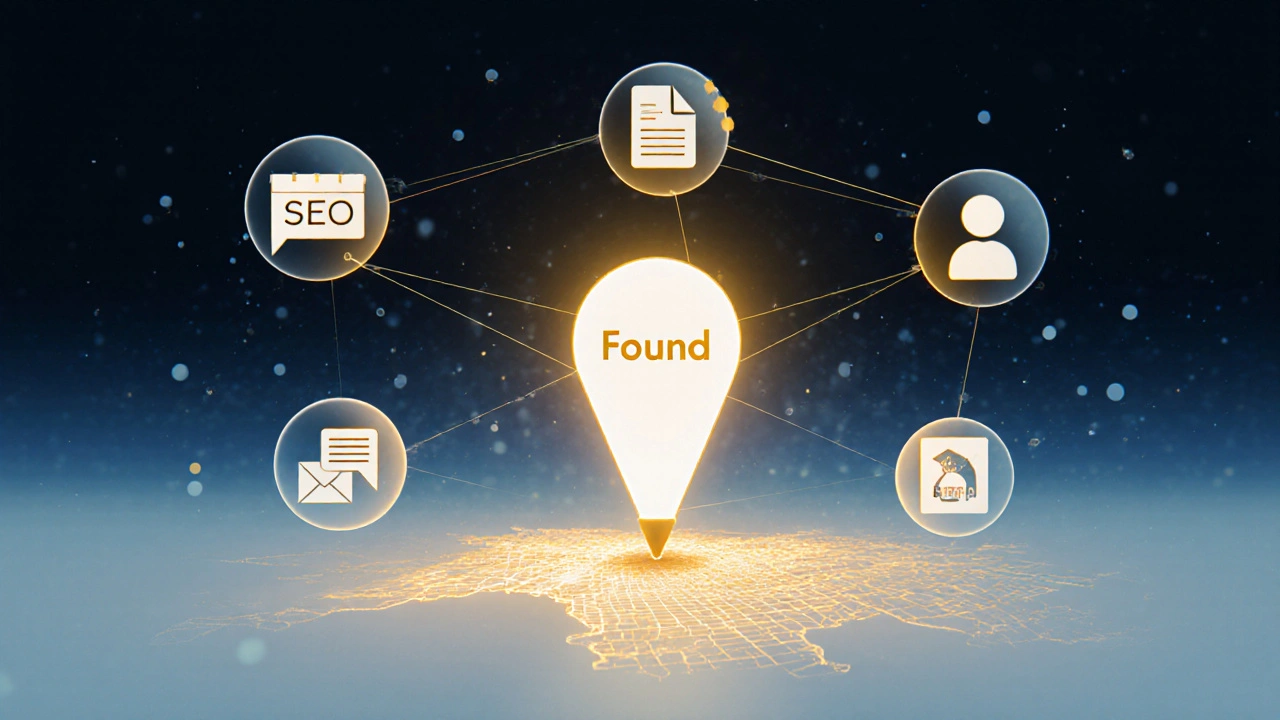 Network of digital nodes converging into a bright beacon over a map of Adelaide.