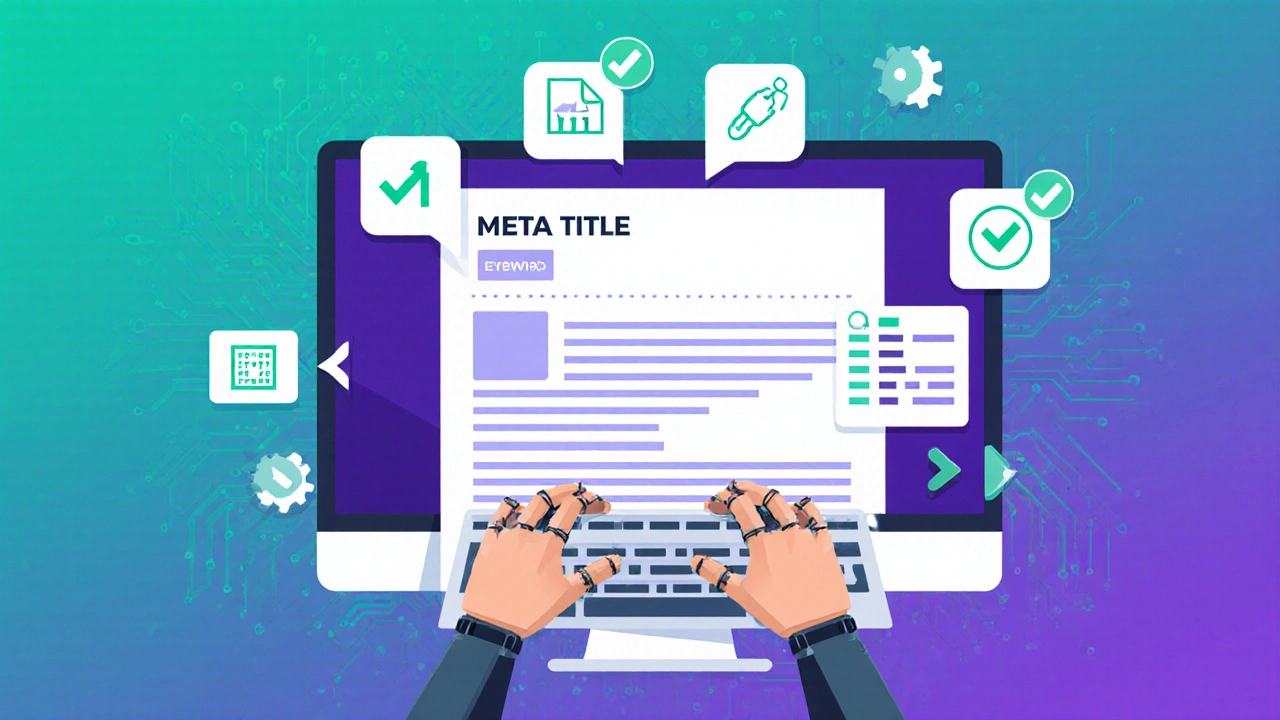 Robot hand typing an article on screen, with headings and meta tags highlighted.