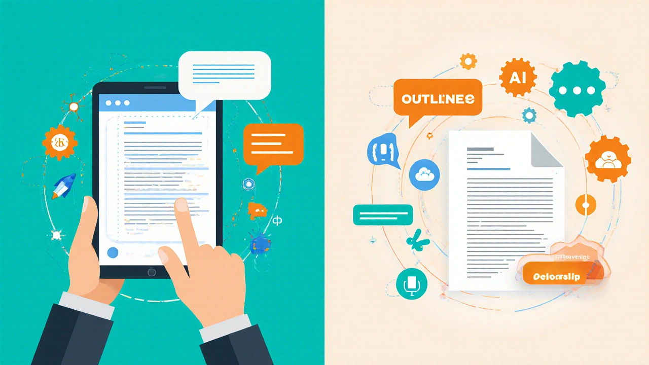 Split illustration of a writer prompting AI and AI outputting outlines and SEO elements.