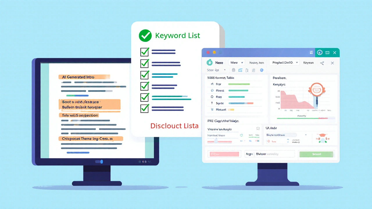 Split-screen illustration of AI‑generated draft, SEO analysis tool, and compliance checklist with checkmarks.