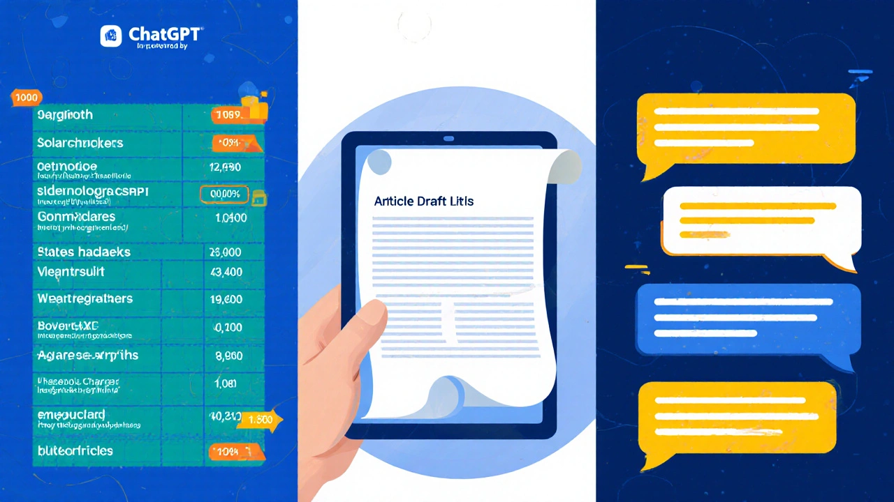 Split-screen illustration of keyword list, article draft, and headline ideas generated by AI.