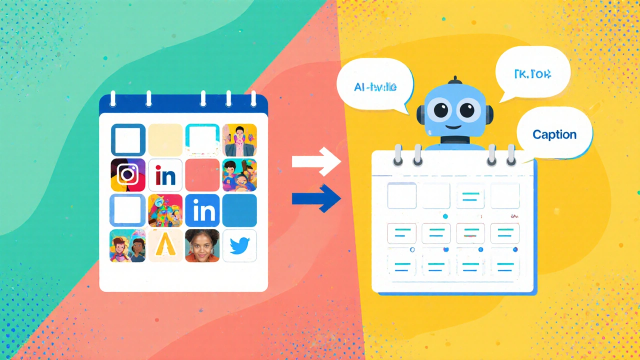 Split‑screen view of a content calendar and AI‑generated caption bubbles in bright flat illustration.