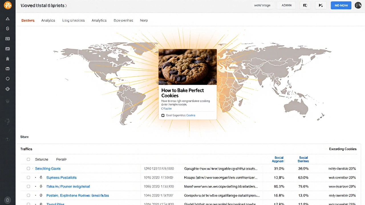 A digital dashboard with analytics metrics glowing, connected by traffic threads to a local business logo.