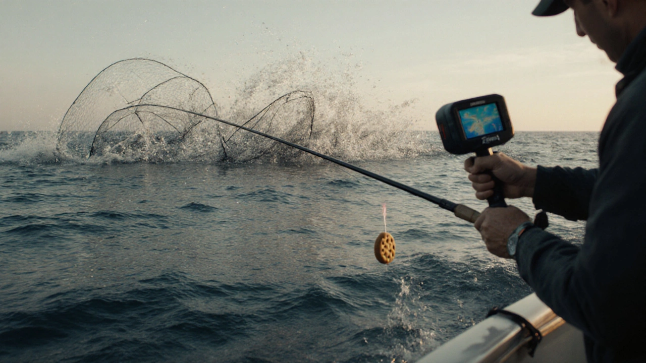 A fisherman using sonar to catch a fish with a cookie bait, contrasting a scattered net in the background.
