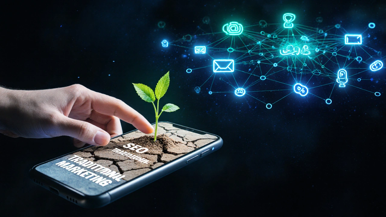 A hand from a smartphone planting growth into traditional marketing&#039;s cracked ground.