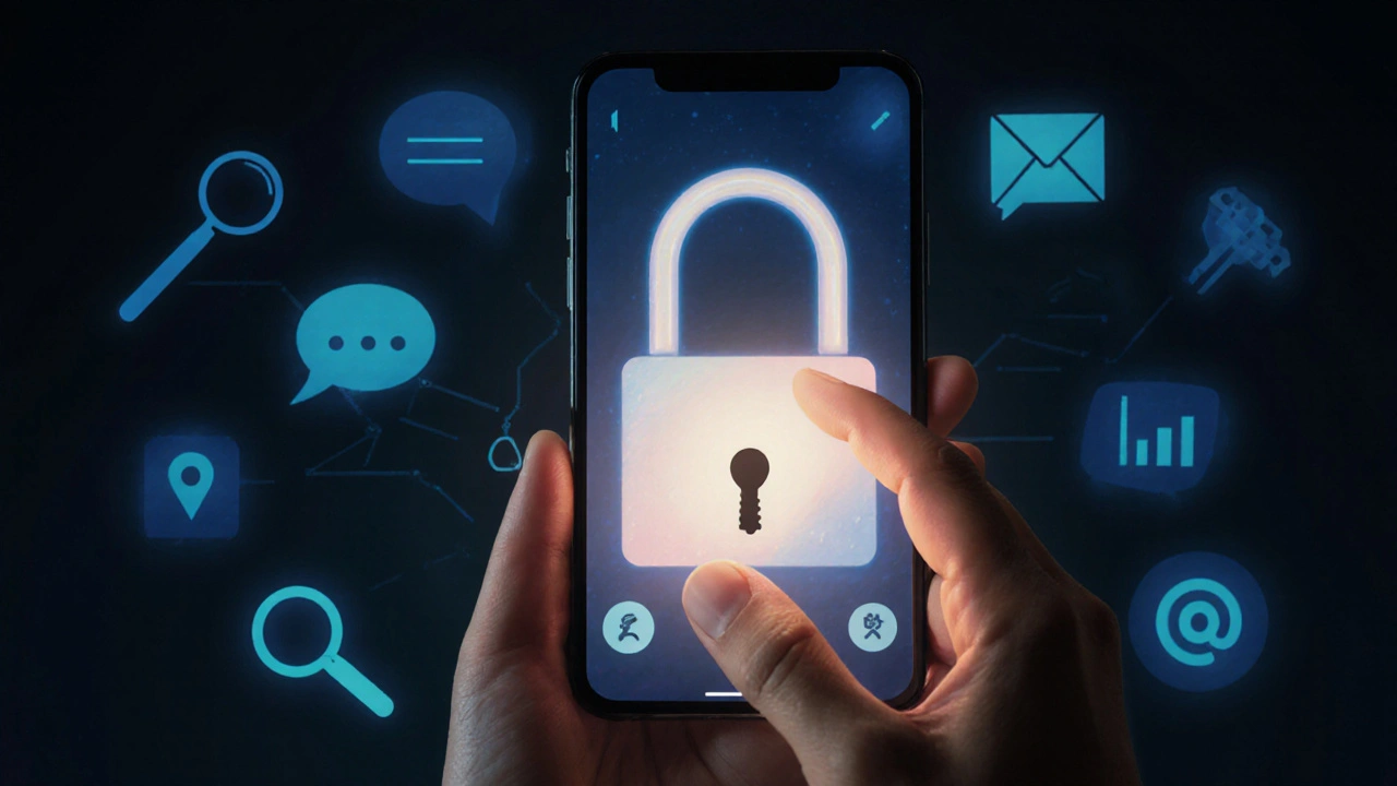 A hand inserting a key into a smartphone-shaped lock, with digital icons fading around it, symbolizing consistent online actions unlocking success.