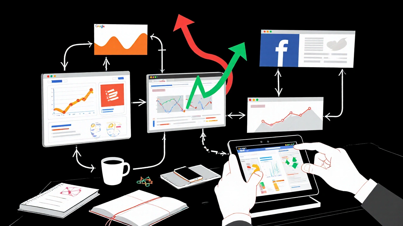 Abstract network of connected marketing tools with data flowing from red to green as decisions are made.