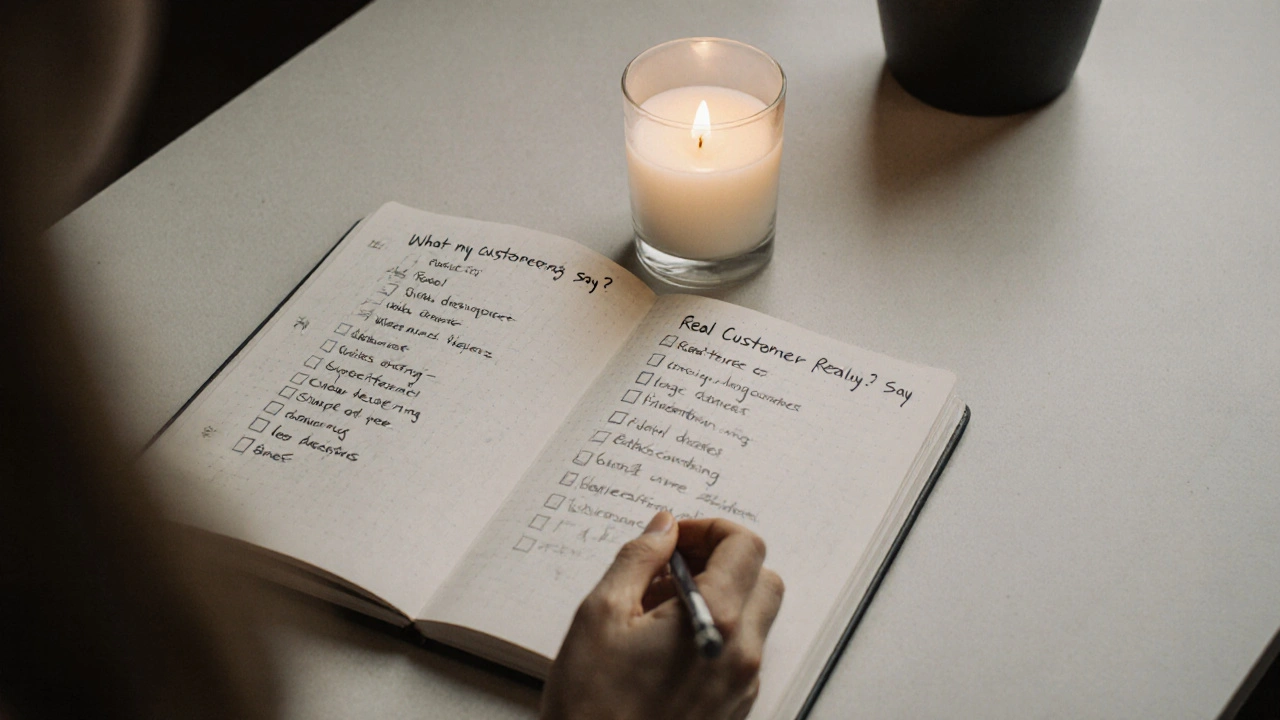 Candlelit workspace with handwritten customer questions turned into content ideas.