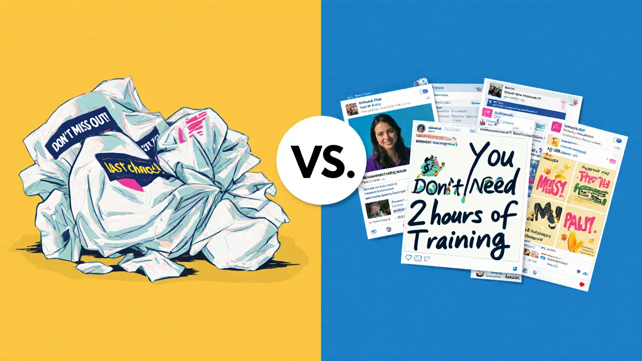 Discarded generic marketing templates next to authentic social media carousels with customer-focused messaging.