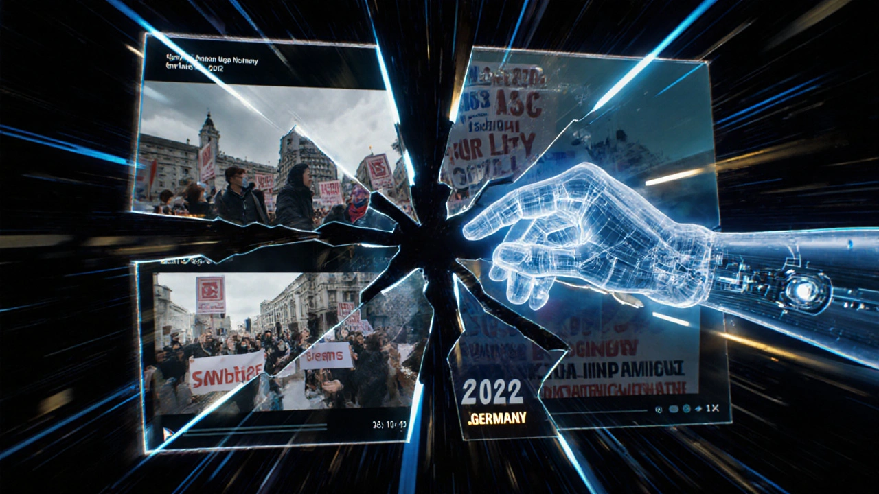 Fractured video mirror reflecting manipulated and corrected versions with AI restoring truth.