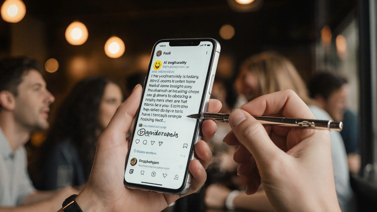 Hand editing an AI draft on a phone, adding personal touches as real customers laugh in the background.