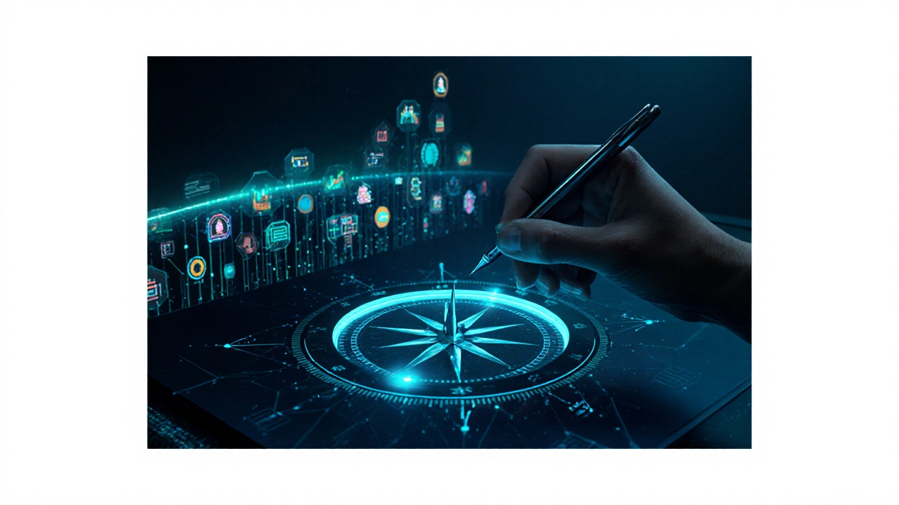 Human hand guiding an AI compass toward growing marketing metrics and engagement icons.