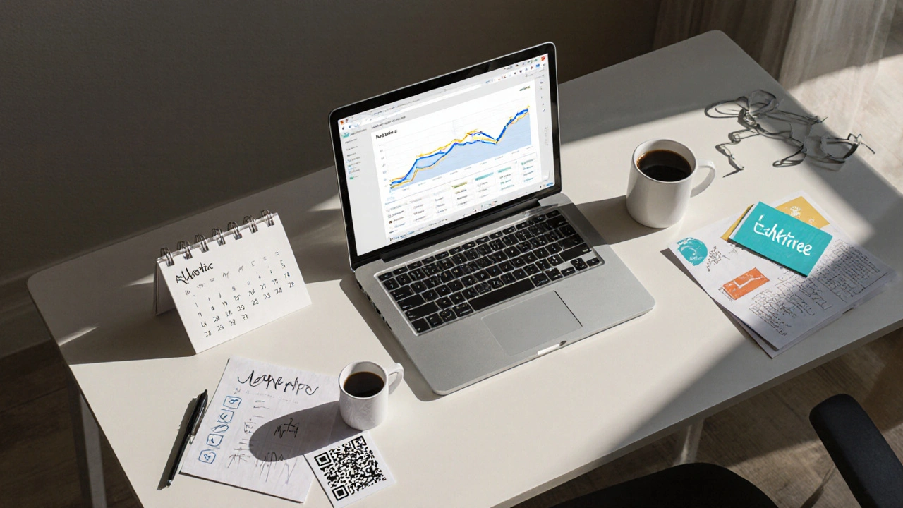 Minimalist desk with essential marketing tools: laptop, calendar, coffee mug, and QR code.