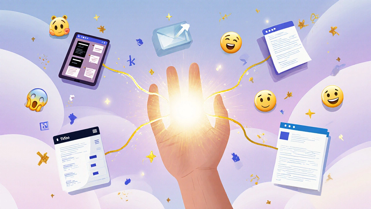 Person holding glowing thread branching into social media posts, emails, and blogs with floating emojis.