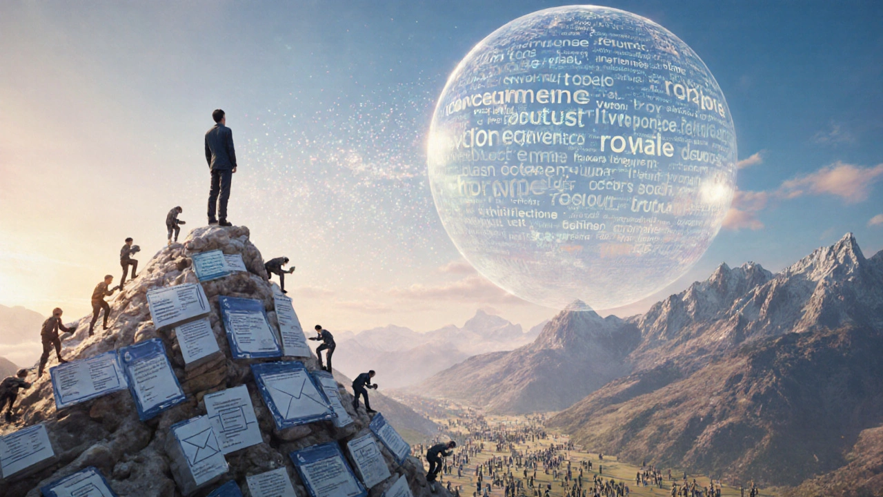 Person on mountain of content with AI bubble above projecting keywords like &#039;trust&#039; and &#039;scale&#039;.