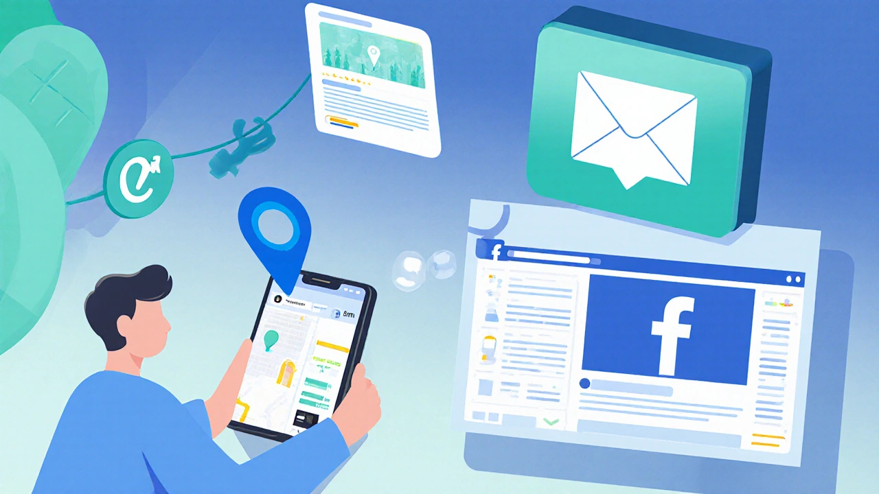 Small business owner managing four digital marketing tools on a clean digital interface.