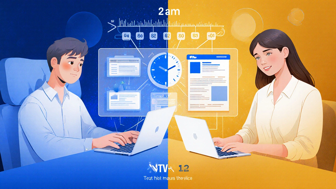 Split scene showing a marketer saved from late-night work by AI-powered content generation.