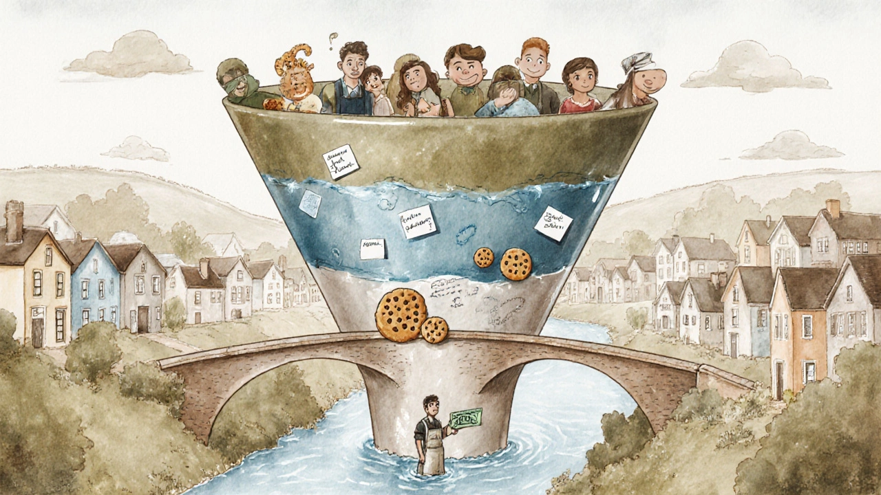 Three-stage marketing funnel illustrated as a river connecting curious people to loyal customers.