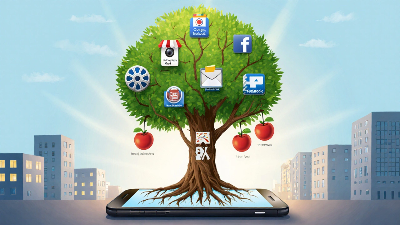 Tree growing from smartphone with roots shaped like marketing tools and fruit labeled business results.