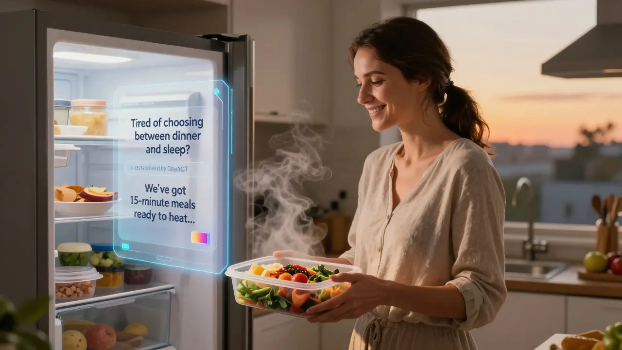 A busy mother smiling at a meal prep box in her kitchen, with a gentle AI-generated ad caption floating beside her.