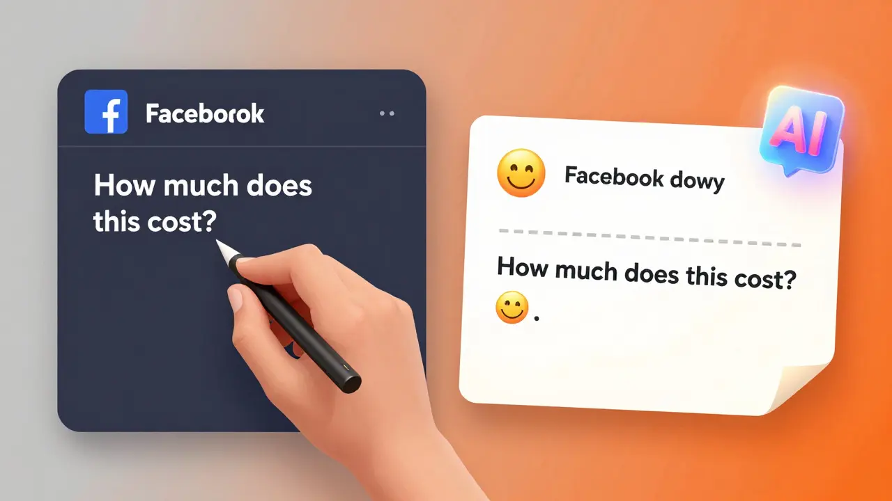 A comment on Facebook being transformed from generic text into a warm, personalized reply with a human touch and AI icon nearby.