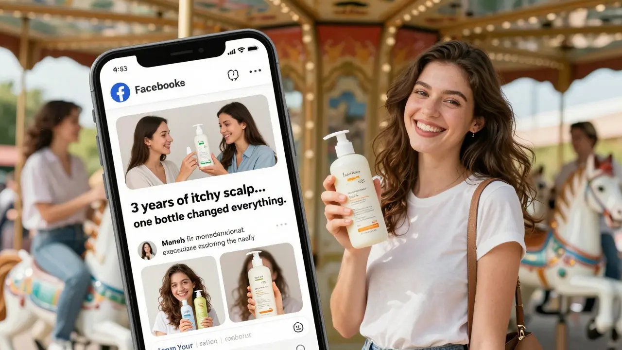 A phone showing a carousel post featuring a customer testimonial about shampoo, with happy users and product images in the background.