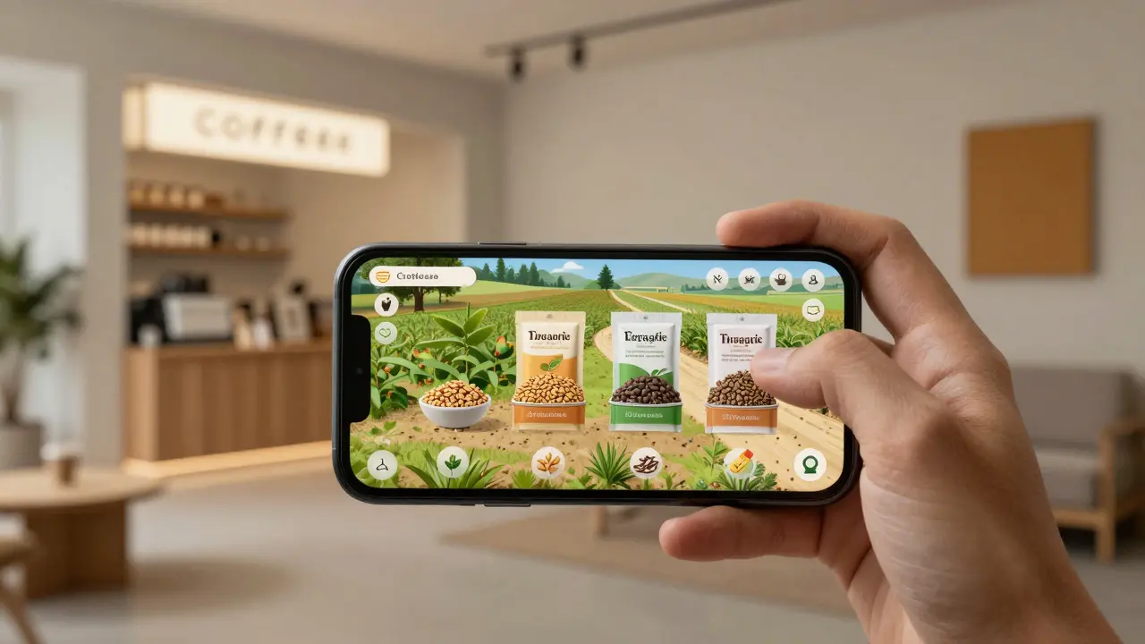 A player's smartphone showing a farming game where virtual seeds morph into real brand packaging.