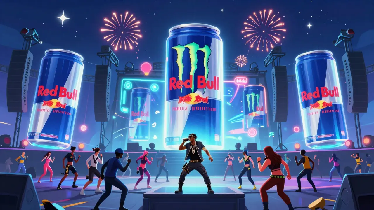 A virtual concert in Fortnite with floating brand logos and cheering avatars under a starry sky.