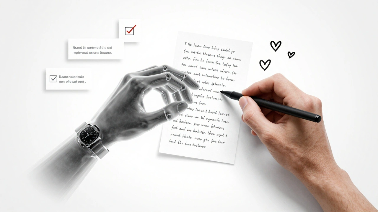 An AI hand drafting text while a human hand edits it, with brand guidelines and fact-check icons floating nearby.