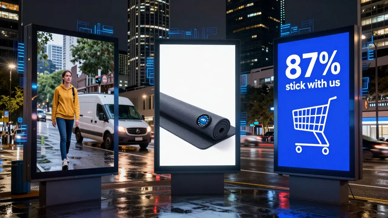 Cityscape with personalized digital ads appearing on billboards, tailored to location, weather, and user behavior.