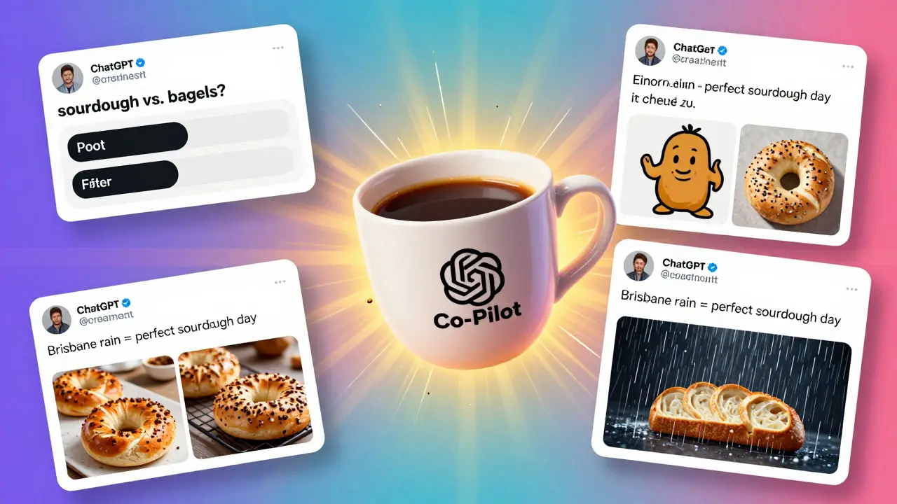 Floating Twitter tweet cards in pop-art style—poll, meme, before/after, quote, and GIF—all around a coffee cup.