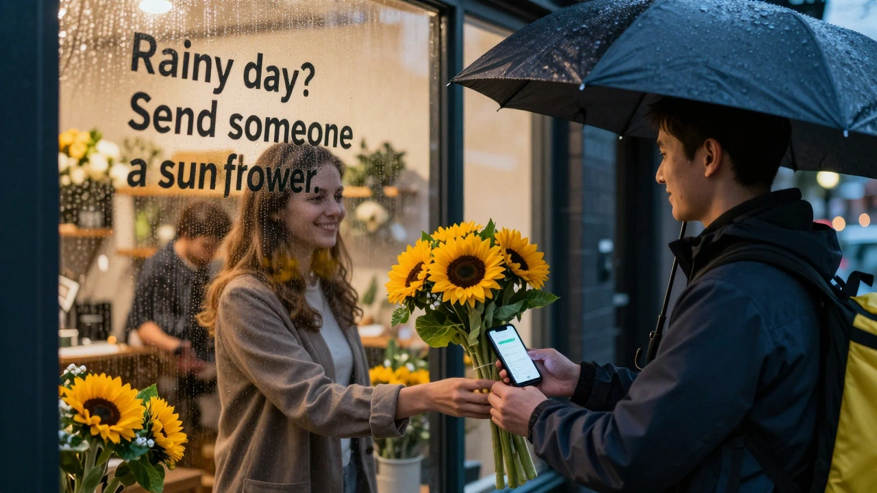 Florist delivering sunflowers to a customer during rain, phone notification visible.