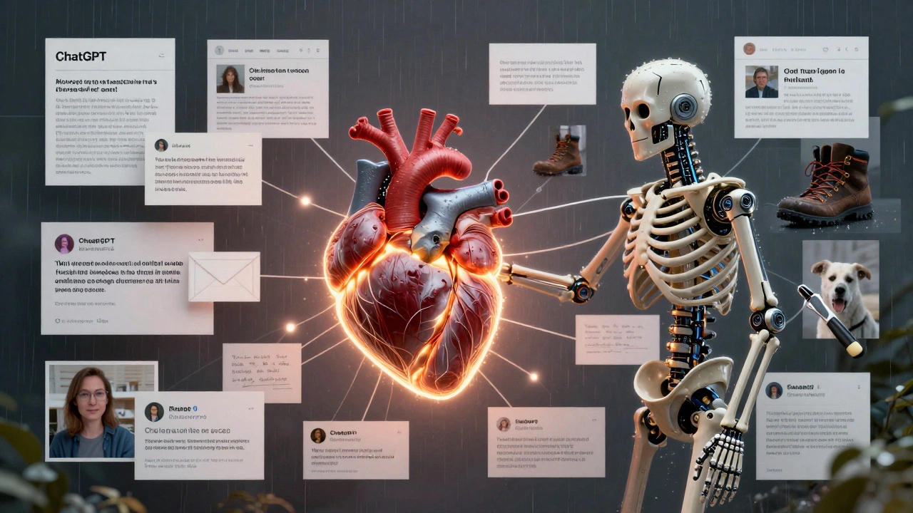 Human heart connected to AI skeleton, radiating warmth into content pieces with real-life details.