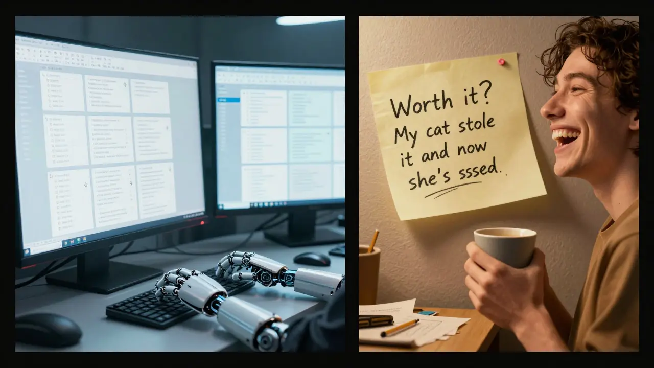 Split image: robotic automation vs. a person editing a personal, handwritten social media caption with coffee.