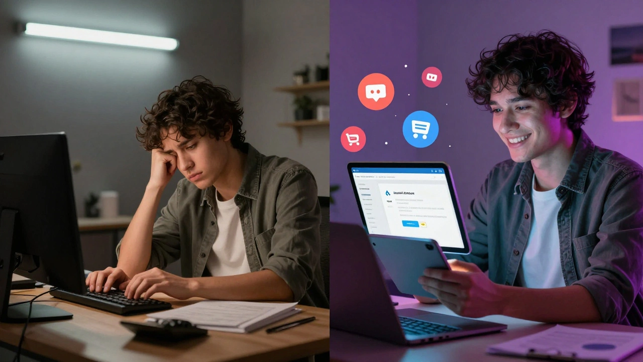 Split-screen: manual email writing vs. AI-assisted personalized email campaign.