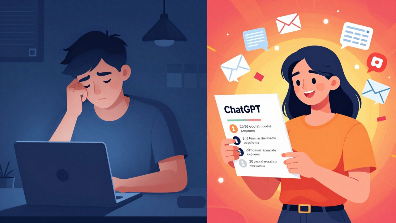 Split-screen of a freelancer overwhelmed by writing versus relaxed as AI generates social media posts instantly.