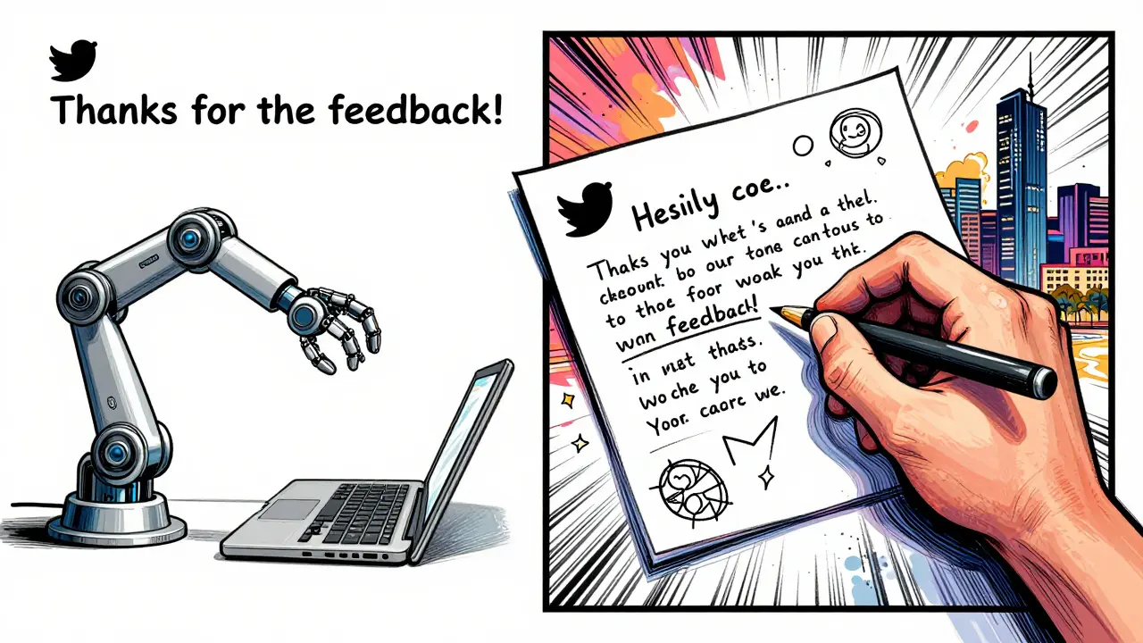 Split-screen: robotic generic tweets vs. human-written personalized reply with local doodles and energy.