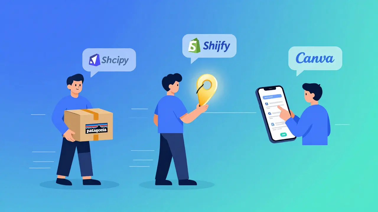 Three figures connected by glowing links representing merchant, affiliate, and consumer in digital marketing ecosystem.