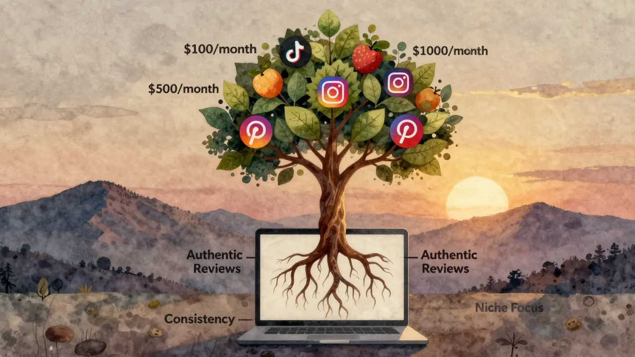 Tree growing from laptop with fruit labeled by income levels, symbolizing growth through consistency and niche focus.