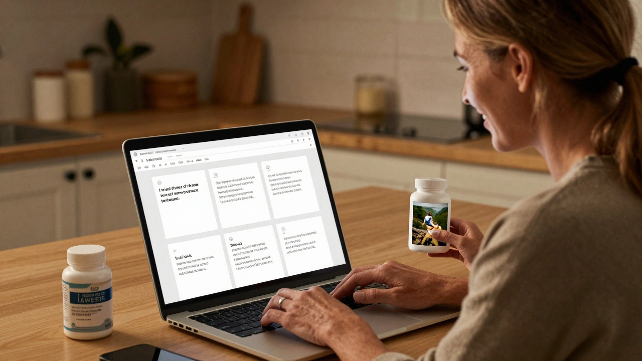 Woman in kitchen typing personalized email sequences with a photo of her hiking beside her.