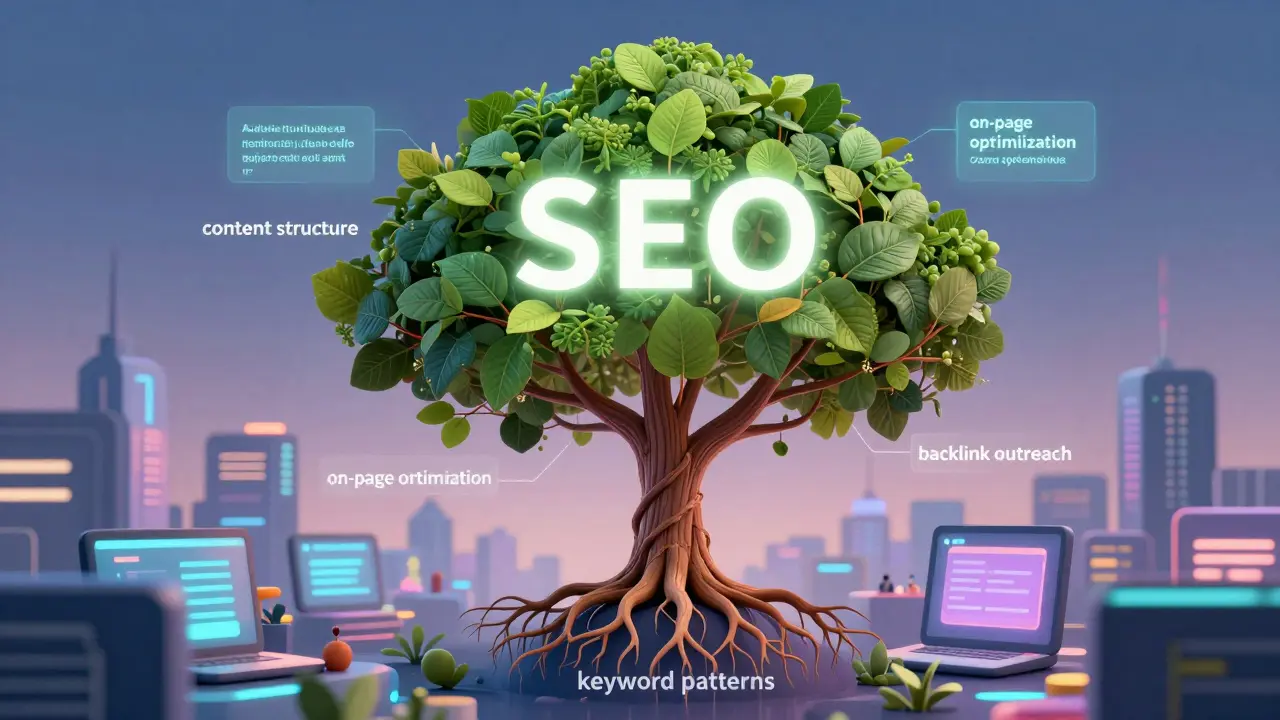 Abstract tree with SEO elements as roots and branches, glowing with AI insights above a digital cityscape.